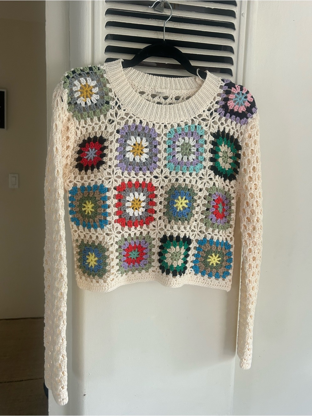 debut Cream Crochet Granny Square Sweater with Multicolor Accents